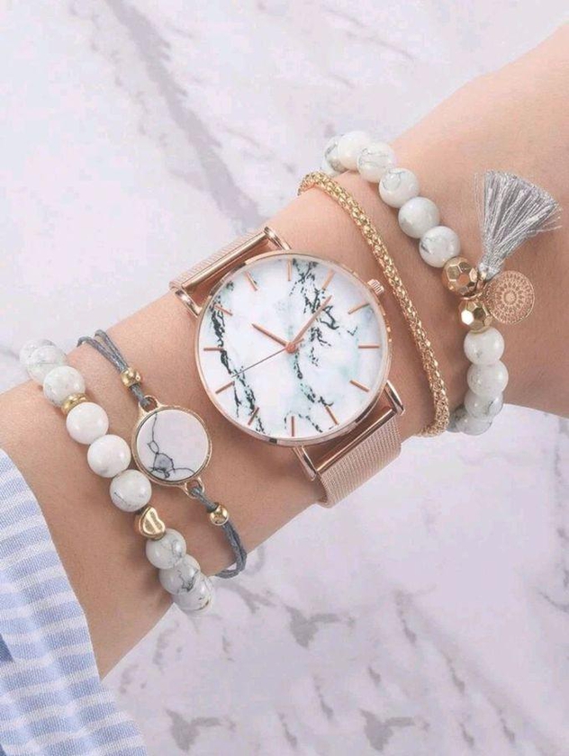 SHEIN 1pc Marble Print Dial Quartz Watch & 4pcs Bracelet-50895