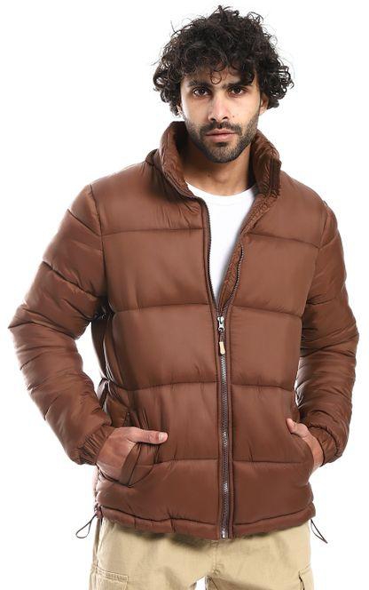 Pavone Zipper Closure Hooded Neck Puffer Jacket - Chocolate Brown