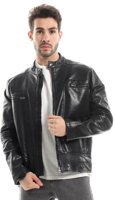 Dockland Fleece Leather Jacket With Front Zip Pockets - Black