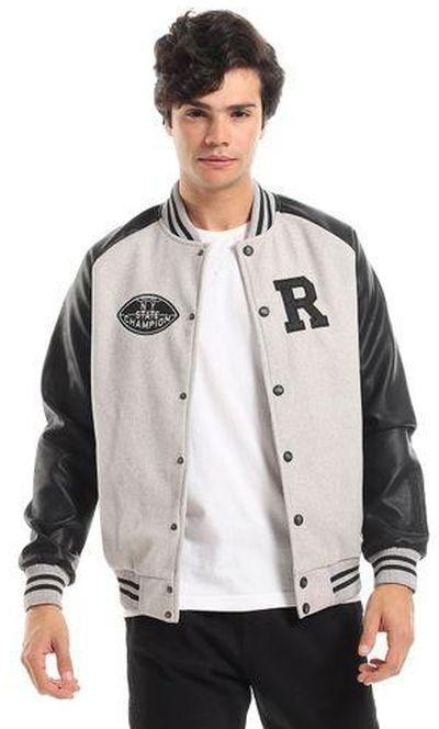 White Rabbit Leather Sleeved Casual Bomber Jacket - Grey & Black