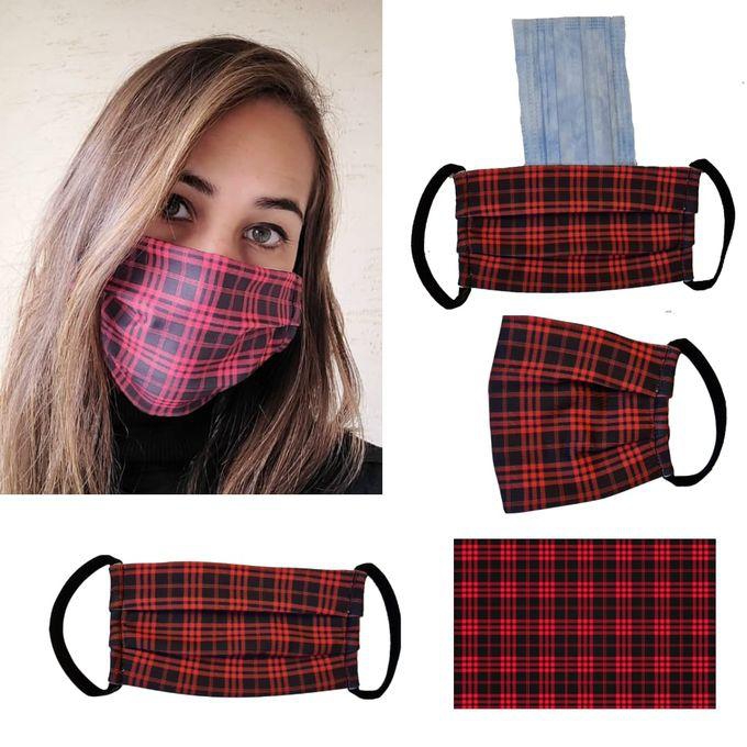 aZeeZ Red black checkered Women Face Mask - 3 Layers + 5 SMS Filter