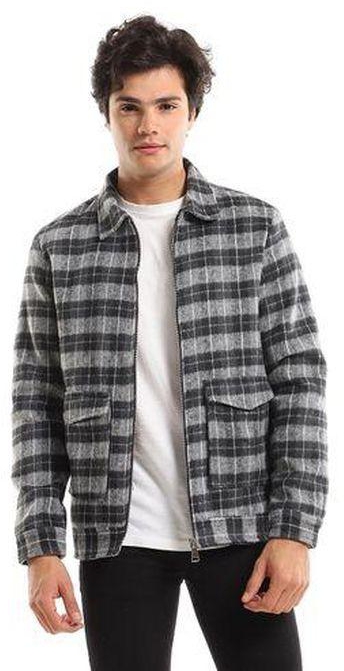 White Rabbit Classic Collar Zipped Plaids Jacket - Grey