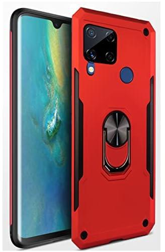 Realme C15 Armor Casing Luxury TPU Protective Hard Case cover With Finger Ring Holder Shockproof (Red)