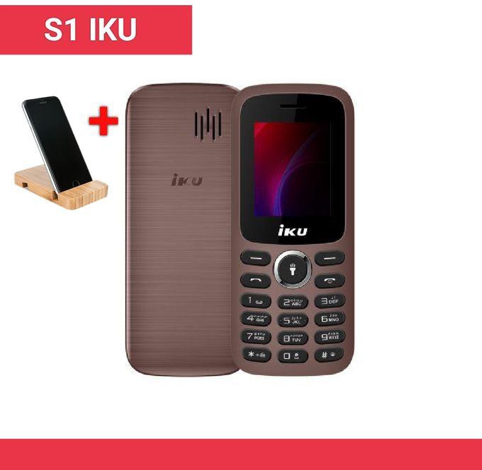 Iku S1 Mini-موبيل ثنائي الشريحة 1.8 انش - بني + حامل موبيل وتابلت خشبي هدية