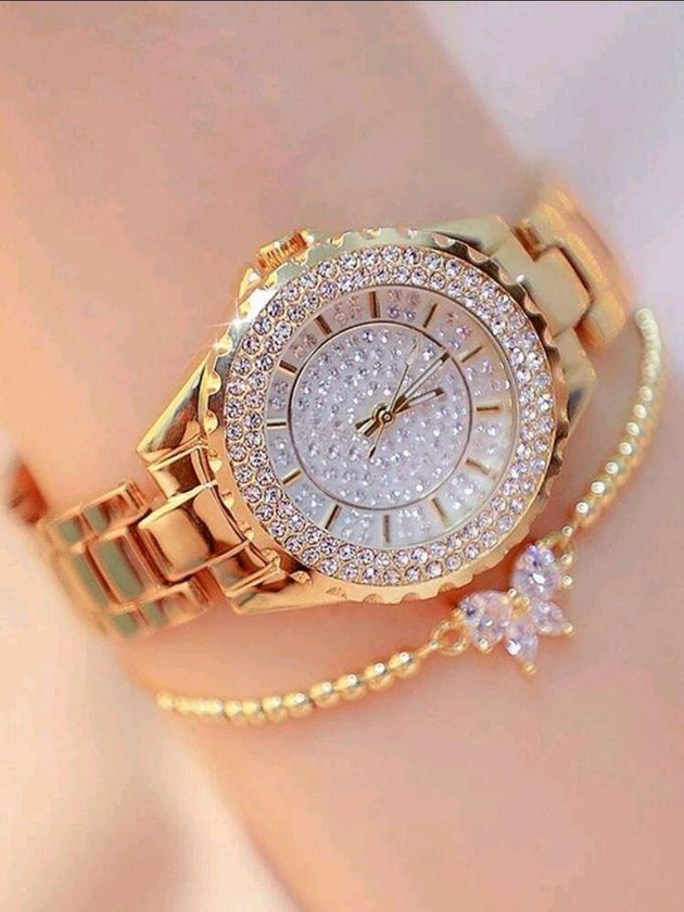 SHEIN 1pc Rhinestone Watch & 1pc Bracelet-3841