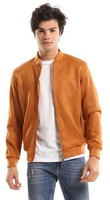 White Rabbit Band Neck Zipper Suede Jacket - Havana