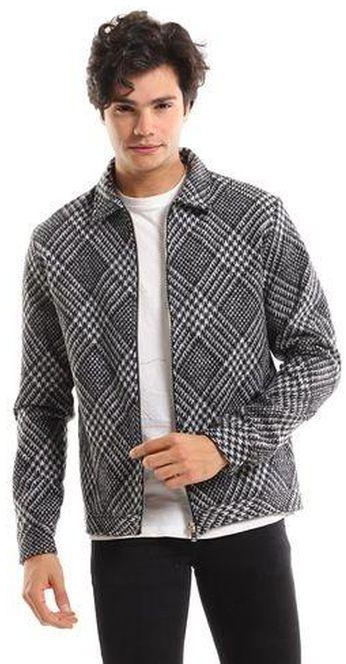 White Rabbit Turn Down Collar Zipped Plaids Jacket - Grey & Black