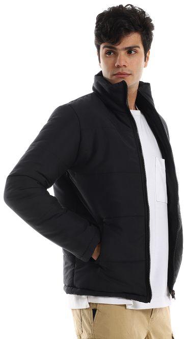 Pavone Zip Through Neck Puffer Jacket with Sided Pocket - Black