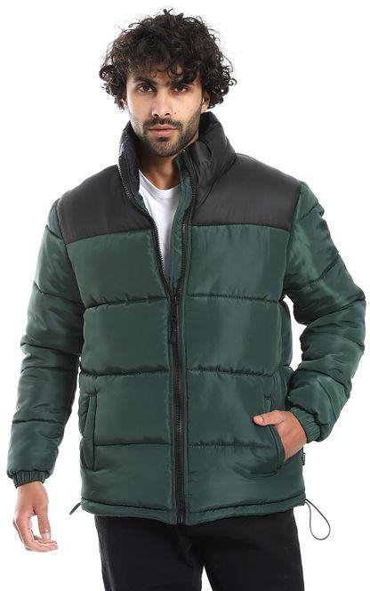 Pavone Quilted Pattern Long Sleeves Puffer Jacket - Black & Dark Green