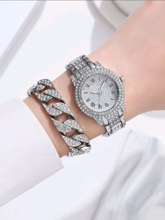 SHEIN 1pc Rhinestone Decor Round Pointer Quartz Watch & 1pc Bracelet-9895