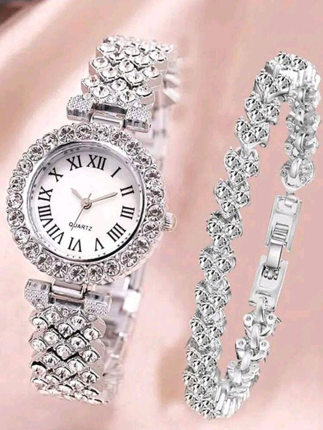 SHEIN 1pc Rhinestone Decor Round Pointer Watch & 1pc Bracelet-8382