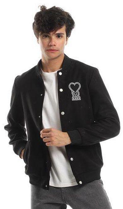 White Rabbit Love "R" Stitching Allover Full Black Baseball Jacket With Side Pockets